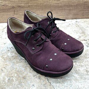 Fly London Women’s 39 Burgundy Suede Lace Up Studded Wedge Oxford Shoes Platform